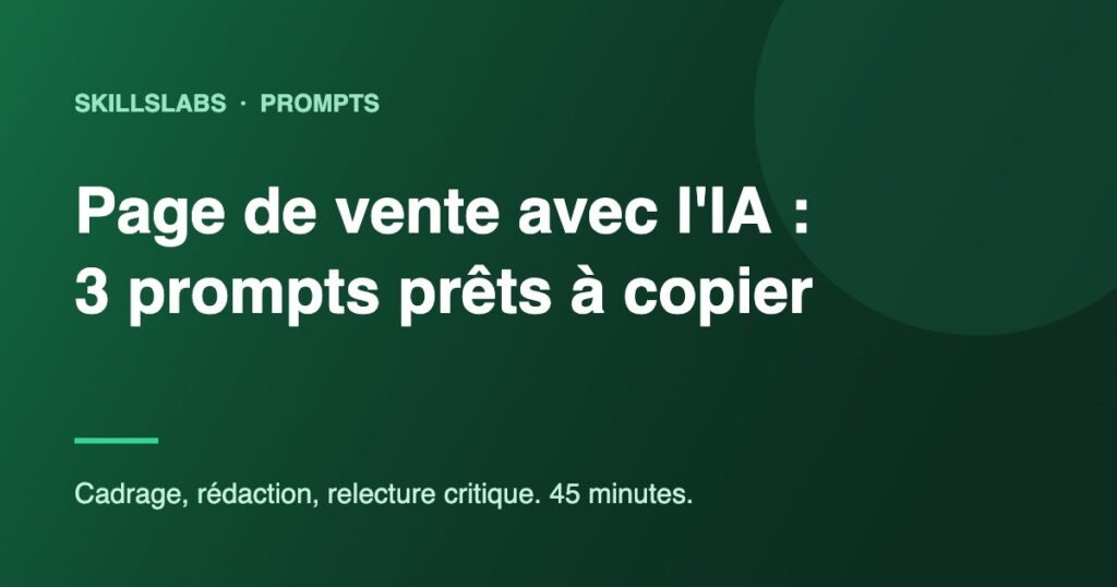 Couverture verte SkillsLabs : page de vente avec l'IA, 3 prompts prêts à copier