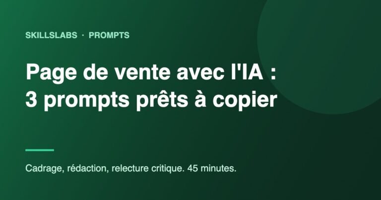 Couverture verte SkillsLabs : page de vente avec l'IA, 3 prompts prêts à copier