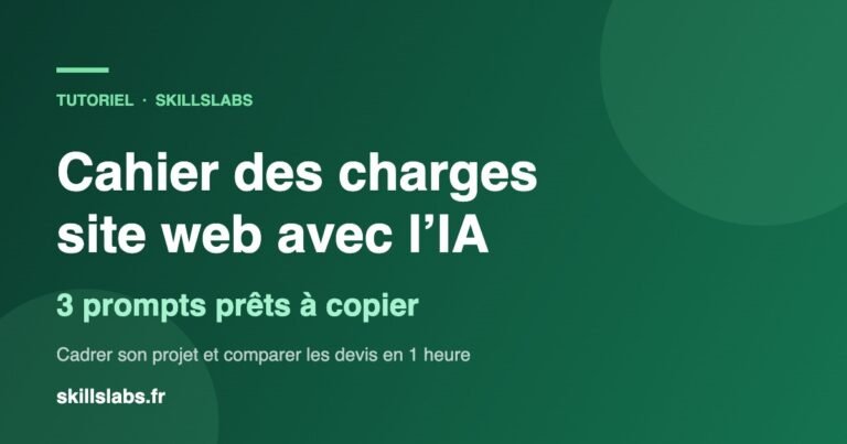Couverture verte SkillsLabs : cahier des charges site web avec l'IA, 3 prompts prêts à copier