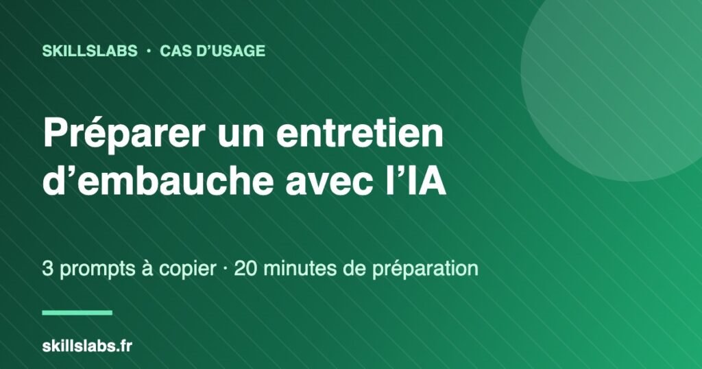 Visuel vert SkillsLabs : preparer un entretien d embauche avec l IA, 3 prompts a copier