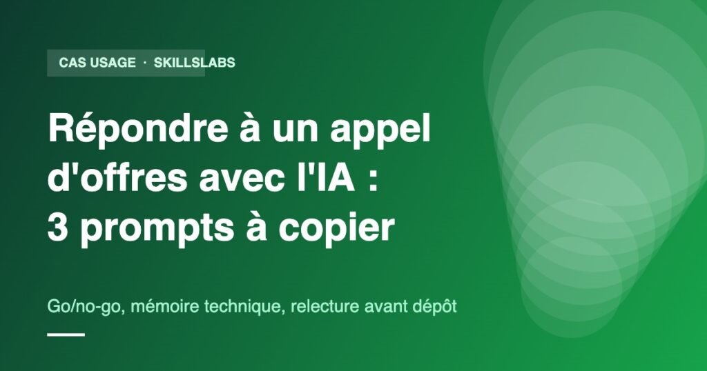 Illustration verte SkillsLabs : répondre à un appel d'offres avec l'IA en 3 prompts