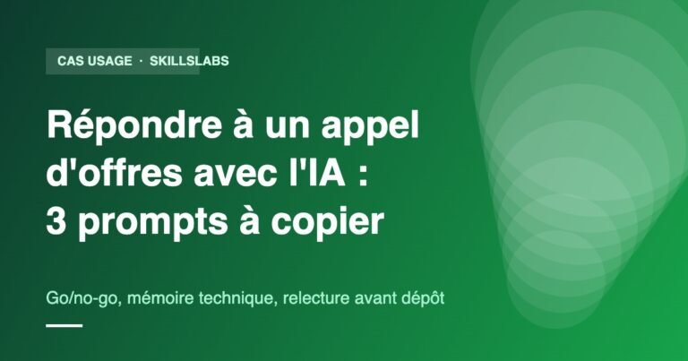Illustration verte SkillsLabs : répondre à un appel d'offres avec l'IA en 3 prompts