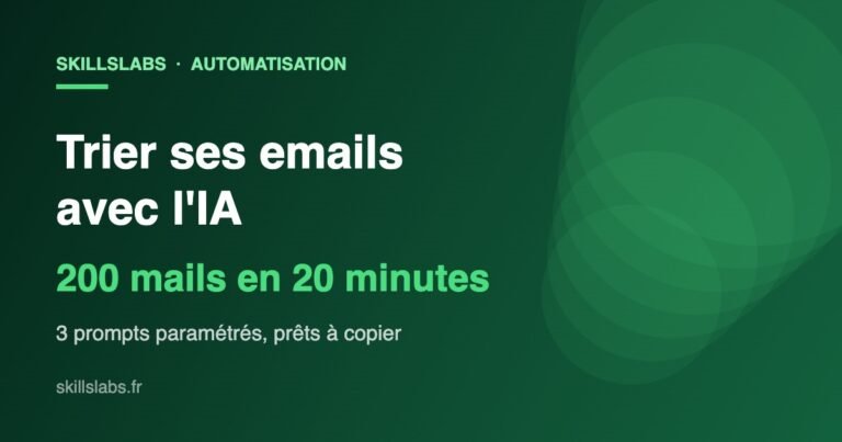Visuel vert SkillsLabs : trier ses emails avec l'IA, 3 prompts à copier