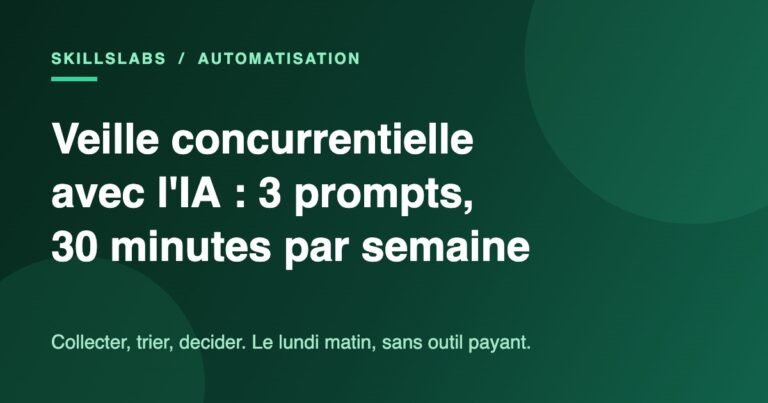 Illustration verte SkillsLabs : veille concurrentielle avec l'IA en 3 prompts et 30 minutes par semaine