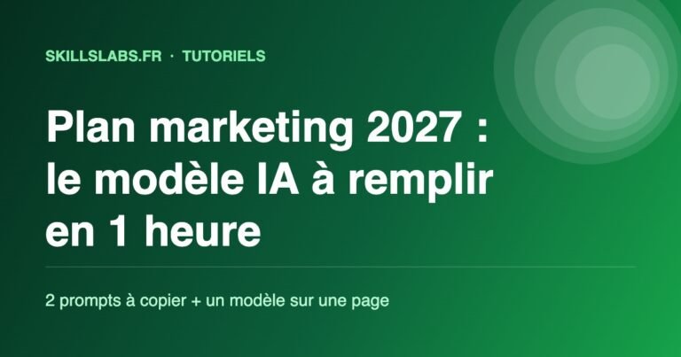 Couverture verte SkillsLabs : plan marketing 2027, le modèle IA à remplir en 1 heure